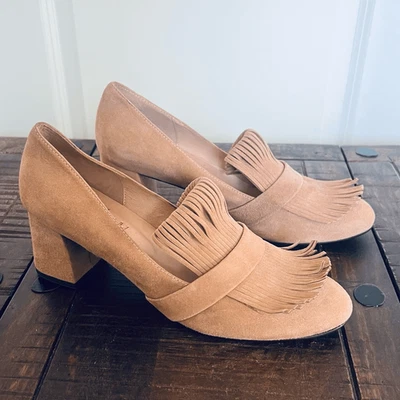 French Soles fs/ny 粗跟乐福鞋高跟鞋 9 码麂皮绒棕褐色皮革 — 第 1/4 张图片