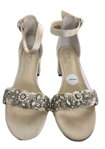 Betsey Johnson Champagne Beaded Satin Block Heel Shoe Size 6 Wedding Cocktail  - Picture 1 of 12