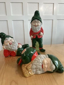 Vtg Lot 3 Ceramic Resting Gnome Figurine Hand Painted Christmas Outdoor/ Indoor - Picture 1 of 12