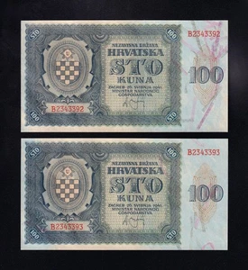 F.C. CROACIA CROATIA , PAREJA CORRELATIVA 100 KUNA 1945 , S/C ( UNC ) , P.2 . - Picture 1 of 2