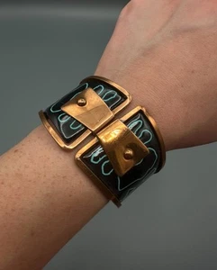 VTG Signed MATISSE Copper & Enamel Black & Blue Cuff Bracelet Clamper 6.25” - Picture 1 of 22