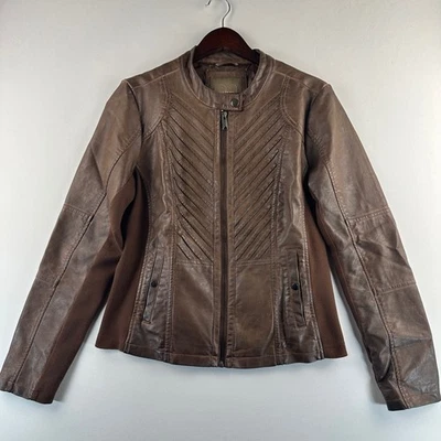 Maurices женщин веган кожи коричневый мотоциклиста куртка Sz M стойка воротник потертый - Изображение 1 из 4
