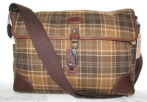NEW FOSSIL ALPINE PLAID BROWN+LEAHTER MESSENGER,LAPTOP+CROSSBODY MEN'S LARGE BAG - Picture 1 of 12