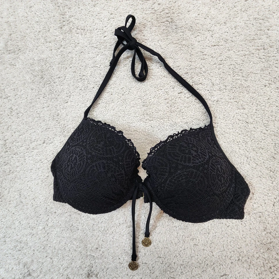 Top de bikini H&M de encaje push-up de elevación media negro talla 34C Foto 1 de 4