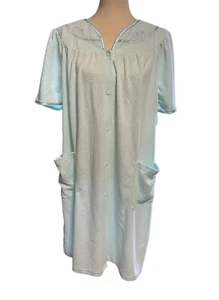 ADONNA Aqua Blue Robe Front Snap Pocket Embroidered Satin Housecoat Duster NEW - Picture 1 of 9