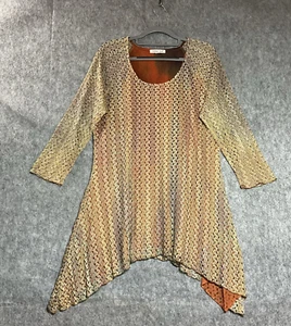 Indio Soul Top Shirt Damen Large braun Häkelspitze asymmetrischer Saum Boho Freizeit - Bild 1 von 10