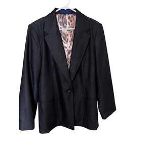 Susan Graver Women's Black Blazer Jacket L  Leopard Print Lining Office Career - Picture 1 of 11
