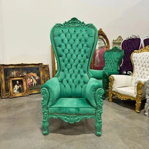 Throne Chair French Style Green Velvet High-Back Tufted Throne - Picture 1 of 6