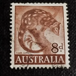 AUSTRALIA 1960 TIGER CAT 8d RED BROWN STAMP USED HINGED - Picture 1 of 2