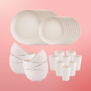 Wheat Straw Dinnerware Set for 8, 16pcs Plates, 8pcs Bowls, 8pcs Cups, Beige - Picture 1 of 6