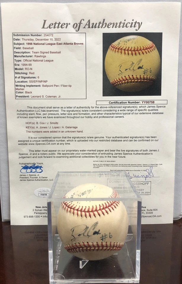 Atlanta Braves Autograph Baseball J.Smoltz B.Cox A. Jones J.Lopez Others JSA COA - Image 1 of 4