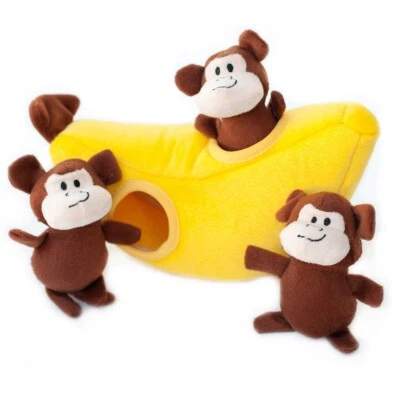 Zippy Paws Interactive Burrow Dog Toy - Monkey 'n Banana with 3 Squeaky Bananas - Image 1 of 2