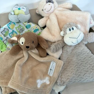 Lot of Lovey Security Blankets Soft Baby Dog Cow Monkey Owl Plush Animals Clean - Picture 1 of 16