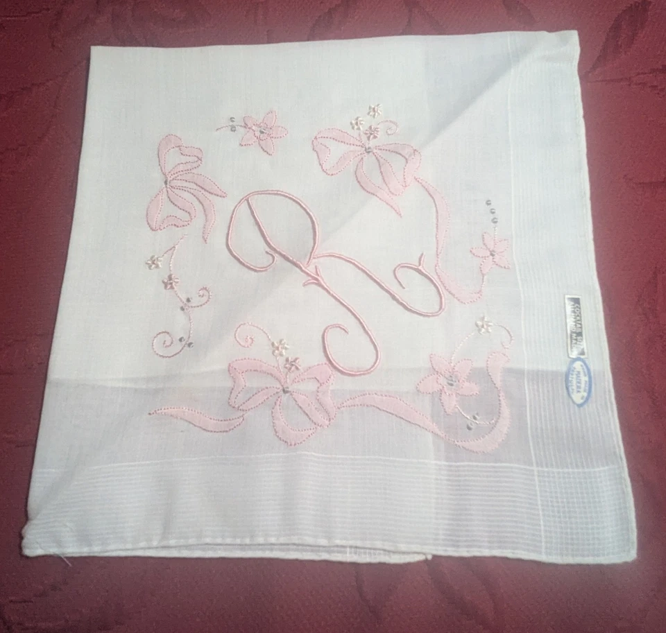 卓越复古 MADEIRA HandKERCHIEF MONOGRAMMED R 粉色白色全新带标签 — 第 1/1 张图片