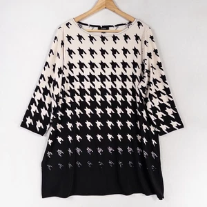 Top túnica Alfani para mujer XL negro crema estampado pata de gallo tejido elástico manga 3/4 - Imagen 1 de 8