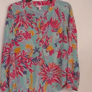 Bouse Lilly Pulitzer Colorido Floral Manga Larga Talla Pequeña 100% Seda - Imagen 1 de 9