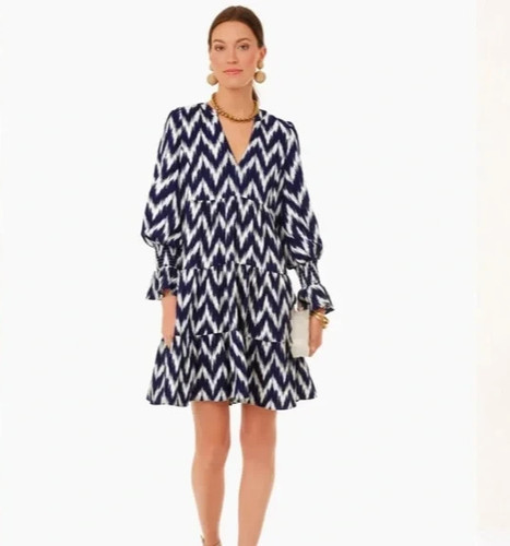 Abito Tuckernuck Pomander Place blu navy ikat Kenzo taglia S a strati linea A manica a sbuffo