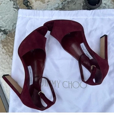 Sandalias Jimmy Choo Borgoña Gamuza Theresa Peep Toe Correa al Tobillo 38.5 Polvo... Foto 1 de 4