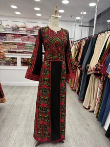 Luxury Black Floral Embroidered Tatreez Maroon Roman Palestinian Thobe Dress - Picture 1 of 2
