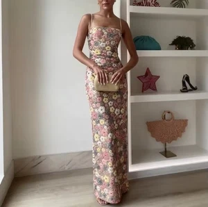 Maxi Vestido Beige Floral Lentejuelas, Vestido Largo Invitado de Boda - Talla M (Reino Unido 10) - Imagen 1 de 4