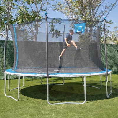 Trampolín redondo 14' Skyslam estación de baloncesto recinto de seguridad azul plateado Foto 1 de 4