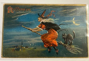 cartolina halloween raphael tuck & son’s n.150 PM 0ct 31 quale scopa,gatto,luna. - Foto 1 di 5
