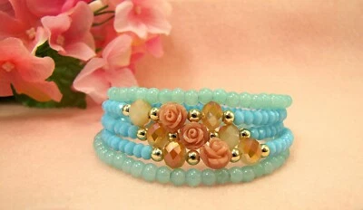 Pulsera envolvente con cuentas de bobina de flores con cuentas de vidrio turquesa - NUEVA Foto 1 de 4