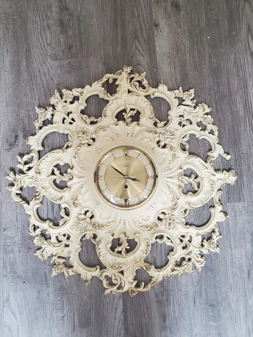 Syroco 1969 25" Wood Carved Ornate Floral Wall Clock MCM Battery Powered Works Cover