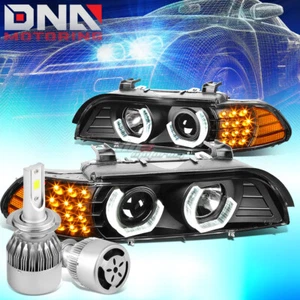 BLACK 3D HALO HEADLIGHT+CORNER LAMP+WHITE LED H7 HID+FAN FIT 96-03 E39 5-SERIES - Picture 1 of 12