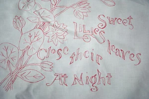 1890's Motto Shams Embroidered "Sweet Lilies Close Their Leaves At Night" - Picture 1 of 12