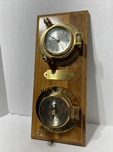 Bey Berk  Brass Porthole Clock & Barometer On Wood - Picture 1 of 22