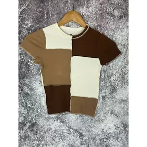 Hollister Shirt Women Xs Baby Tee Brown Patchwork Crop Bodycon Top Mod 70s - Picture 1 of 7