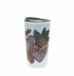 Starbucks Valentine Day Blue Heart Roses Love Ceramic Traveler Tumbler Mug 12oz - Picture 1 of 3
