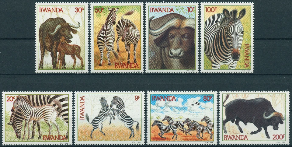 Rwanda 1984 MNH Zebra & African Buffaloes 8v Set Buffalos Wild Animals Stamps - image 1 of 1
