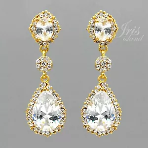 Gold Plated Clear Crystal Rhinestone Drop Dangle Earrings Bridal Wedding 07187 - Picture 1 of 4