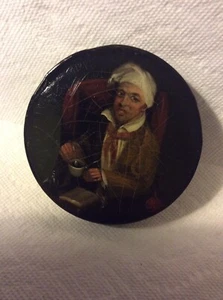 ANTIQUE HAND PAINTED PAPIER MACHE SNUFF BOX-MAN DRINKING COFFEE TEA W/ BOOK - Picture 1 of 12