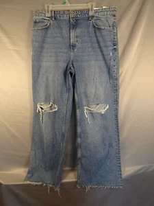 NWT H&M Pants Womens 18 Blue Light Wash High Waist Wide Leg Distressed Art Hoe - Picture 1 of 21