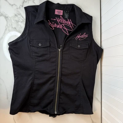 Harley Davidson Women's Vest Zip Front Pink Embroidery Back Lace Up Size XL - Image 1 of 4