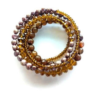 Faceted Amber Glass Freshwater Purple Pearl Natural Stone Stacked Boho Bracelet - Picture 1 of 5