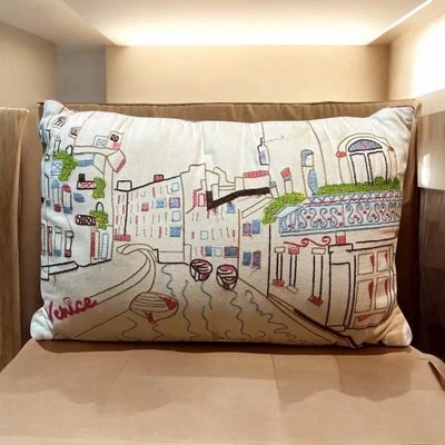 Venice Canal Embroidered Throw Pillow  Scene 16” x 11” Cream Colored With Zipper - Image 1 of 4