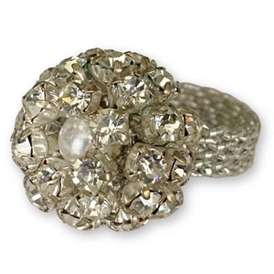 Vintage Pearl Rhinestone Cluster Ball Adjustable Silver Statement Ring - Picture 1 of 6