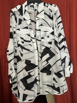 Blusa DKNY top feminina Plus Size branca preta 1X longa jaqueta transparente cobrir - Imagem 1 de 4