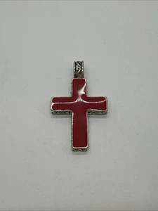 Vintage Red Enamel & Silver Tone Medium Cross Pendant 2 1/8" inches - Picture 1 of 4