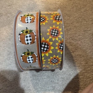 Fall Pumpkin Ribbon W/Buffalo Plaid & Sunflower Ribbon W/ Buffalo Plaid 2.5 X50 - Picture 1 of 5