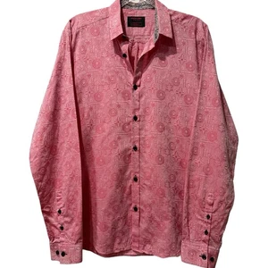 Jared Lang Premium Men’s Pink Cotton Floral Flip Cuff Slim Fit Button-Up Large - Picture 1 of 5