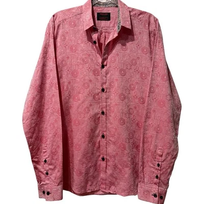 Jared Lang Premium Men’s Pink Cotton Floral Flip Cuff Slim Fit Button-Up Large - Image 1 of 4