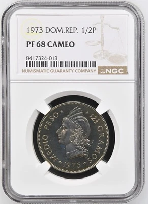 1973 Dominican Rep. 1/2 Peso NGC PF68 CAMEO Coin POP 3/2 - Image 1 of 3