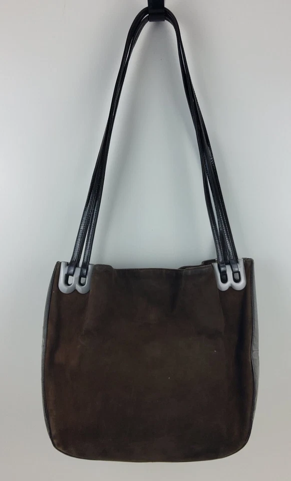 Vintage Bally Suede Patent Shoulder Handbag Purse Brown - Image 1 of 4