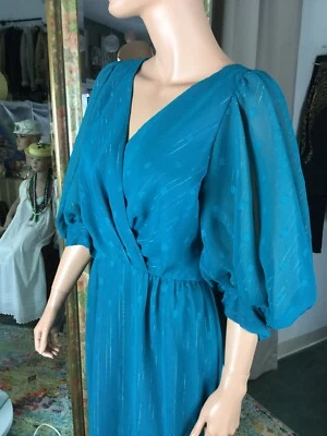 Maxi Vestido De Colección David Morris Azul Hilo Plateado Forrado Talla 10 Mangas Enormes Foto 1 de 4