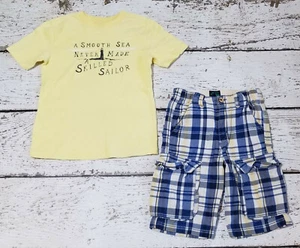 MINI BODEN 7 Boys Yellow Sailor Tee and Blue Plaid Cargo Shorts GUC 7 - Picture 1 of 6